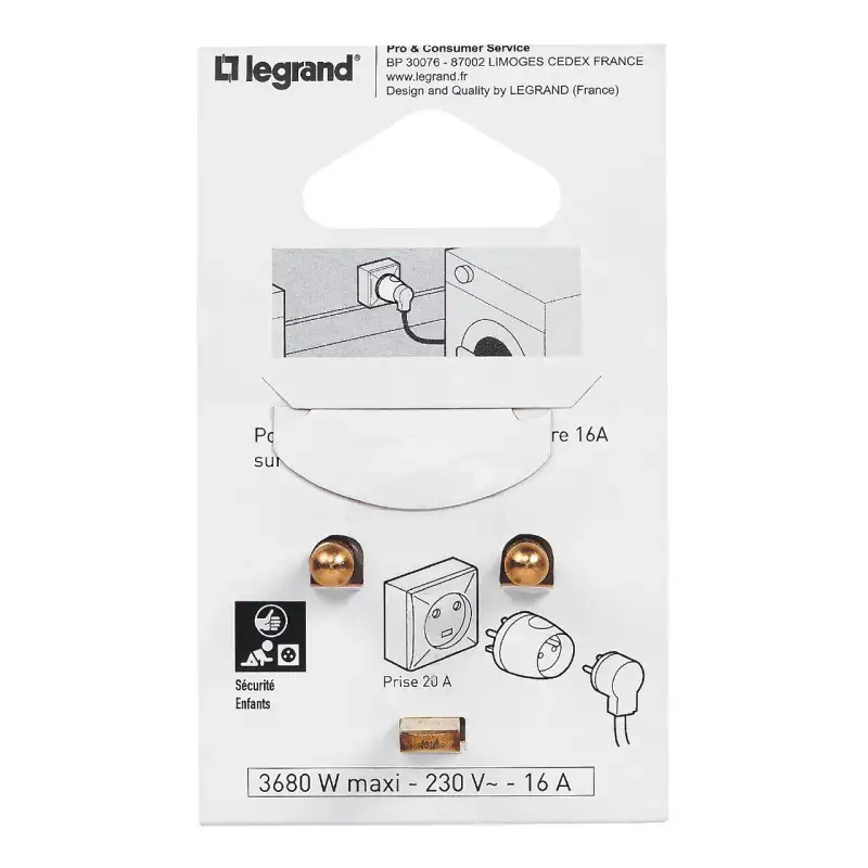 Adaptateur broche - 1 fiche - 2P+T - 16A sur 20A - Blanc - En blister