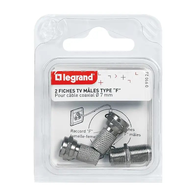 Adaptateur 'F' femelle pour fiche TV coaxiale - avec 2 fiches 'F' mâles à visser - lot de 10u.
