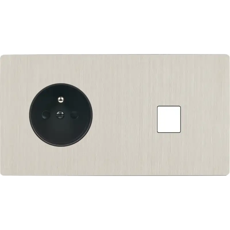 Façade 'M' nickel brossé double horizontale 1 prise 1 Media magnétique